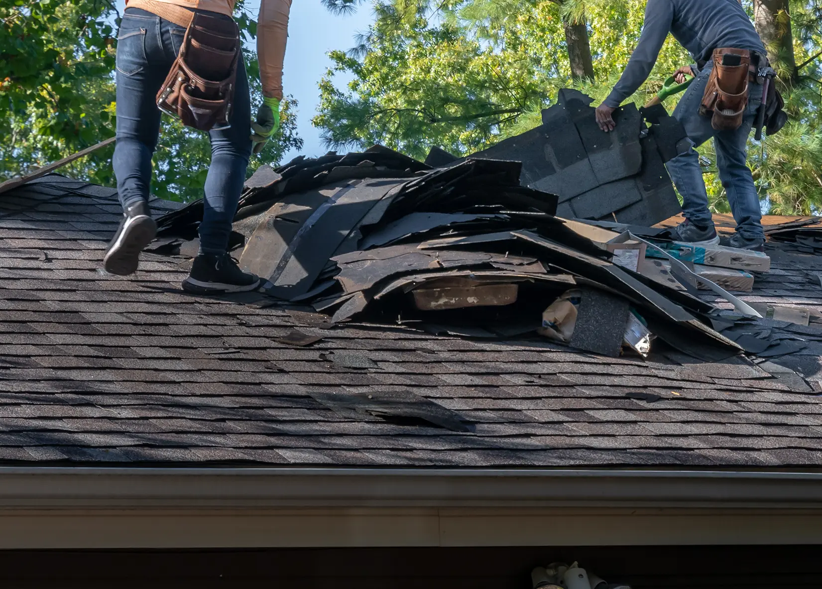 Example of extensive roof damage due to a storm